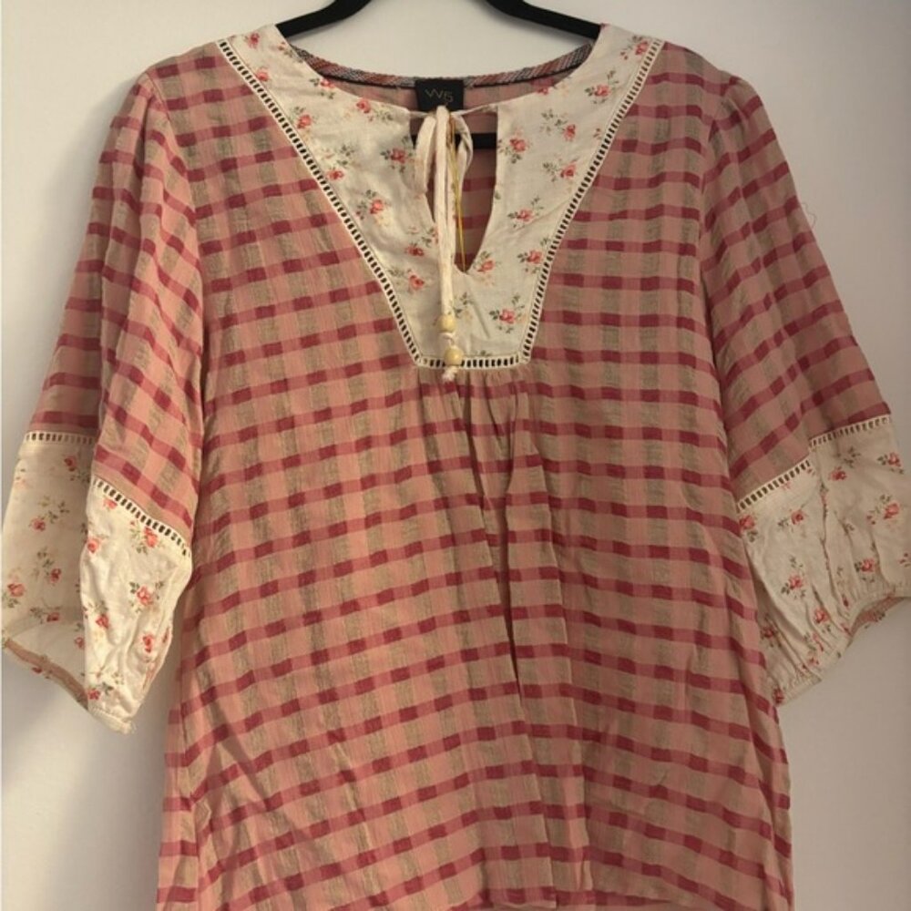 W5 Pink and White Tie Front Bib Collar Blouse floral/ gingham Anthropologie